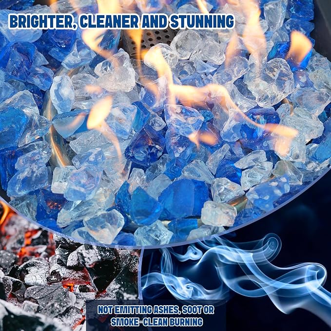 Mr. Fireglass Crushed Fire Glass for Natural or Propane Fire Pit, 10 Pounds Decorative Recycled Fireplace Glass Rocks for Fire Pit Fireplace and Landscaping, High Luster Sea Blue and Ice Clear