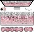 Desk Pad, Large Gaming Mouse Pad Extended Thick Writing Pads, Ergonomic Keyboard Wrist Rest with Non-Slip Rubber Base Office Desk Mat 31.5"×11.8", Psalm 46-5 Verse Pink Sparkles Glitter Mousepad