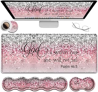 Desk Pad, Large Gaming Mouse Pad Extended Thick Writing Pads, Ergonomic Keyboard Wrist Rest with Non-Slip Rubber Base Office Desk Mat 31.5"×11.8", Psalm 46-5 Verse Pink Sparkles Glitter Mousepad