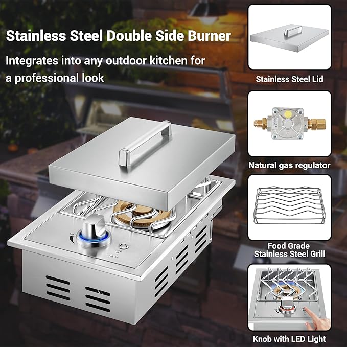 Single Grilling Side Burners for Outdoor Grill, 17,500BTU Natural Gas Side Burner with Liquid Propane Kit, Sturdy 304 Stainless Steel, Drop-in Side Burner for Outdoor Kitchen BBQ Island