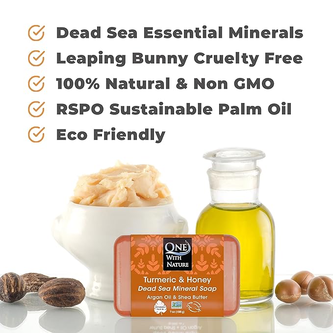 One With Nature Dead Sea Salt Turmeric Soap 4oz 3-Pack – Purifying and Exfoliating Soap Bar with Dead Sea Minerals and Turmeric for Face & Body, for Men & Women