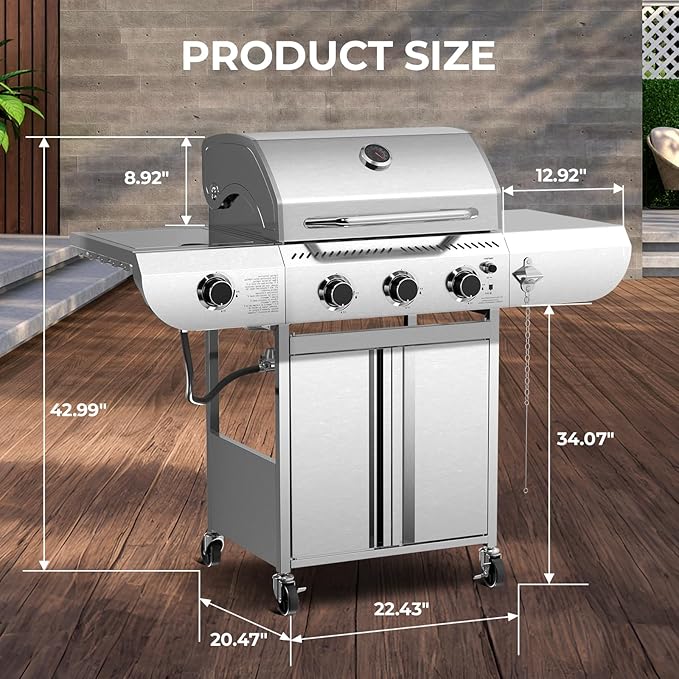 Electactic 3-Burner Propane Gas Grill with Side Burner – 34,000 BTU Stainless Steel Outdoor BBQ Grill, Cast Iron Grates, Portable with Wheels for Patio, Camping