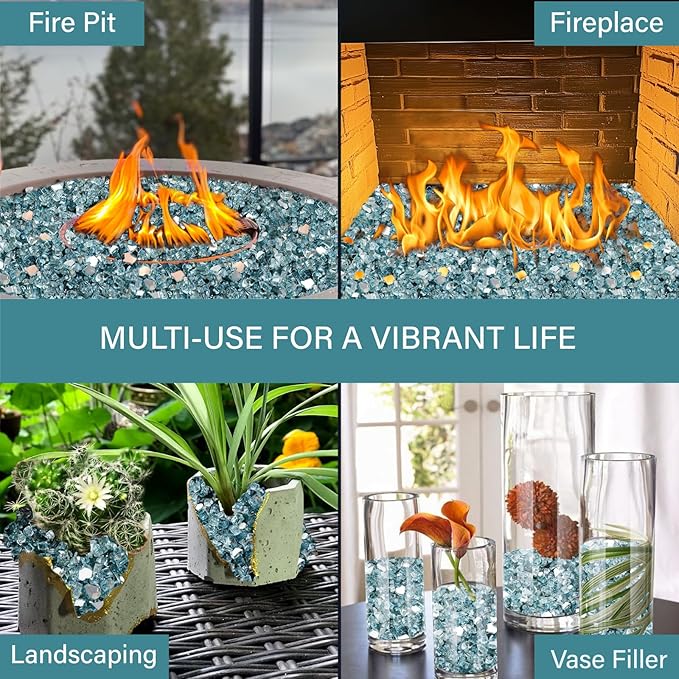 NUPICK 5 Pound Fire Glass, 1/4 Inch Reflective Fire Pit Glass, Tempered Firepit Glass Rock for Propane or Natural Gas, Glass Rocks for Fire Pit Table, Fireplace Glass for Landscaping, Aqua Blue