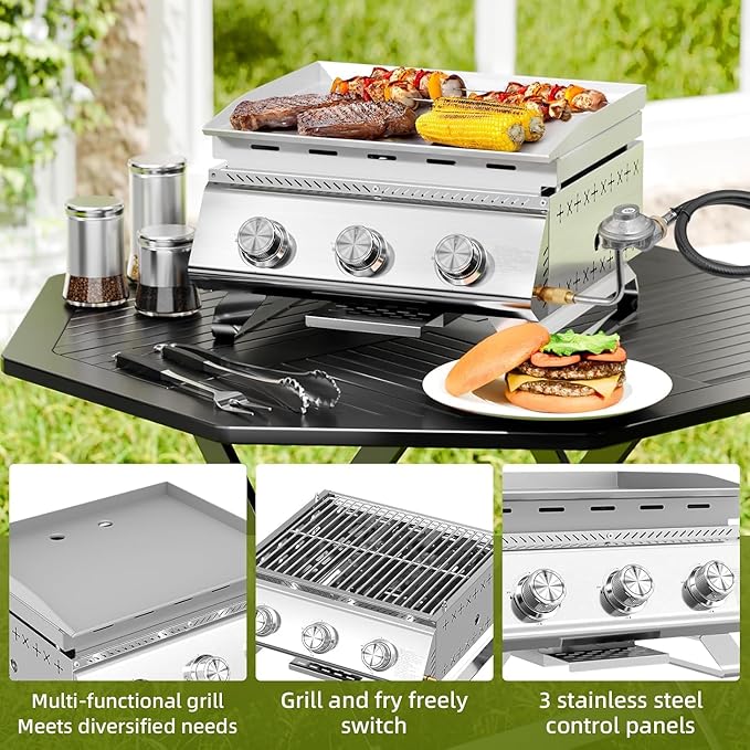 Electactic 3-Burner Stainless Steel 2-in-1 Tabletop Grill and Griddle Combo, 24,000 BTU Portable Flat Top Propane Gas Grill for Commercial BBQ, Outdoor Cooking, Camping, Tailgates & Backyard