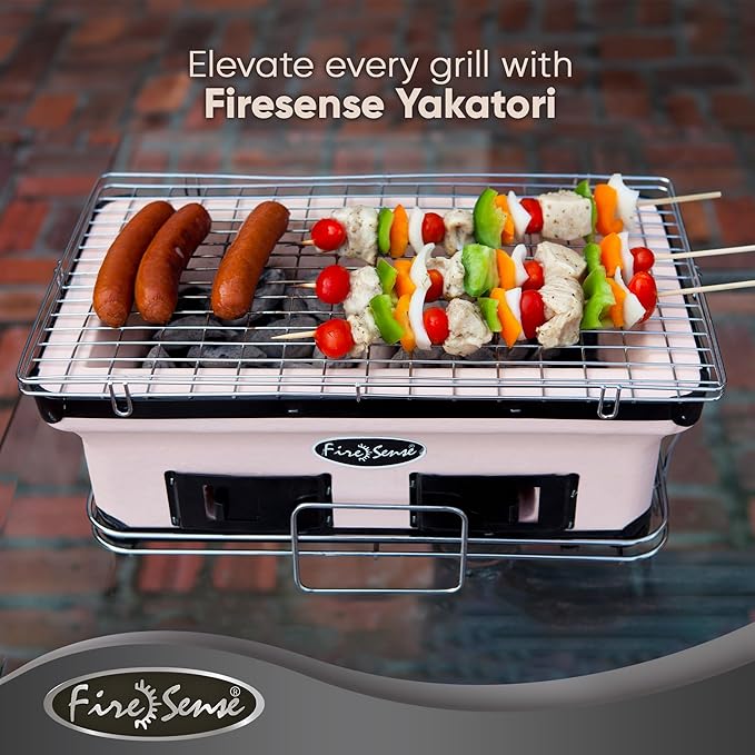 Fire Sense 60450 Yakatori Internal Grates Charcoal Chrome Cooking Grill Japanese Table BBQ Handmade Using Clay Adjustable Ventilation For Outdoor Barbecues Camping Traveling - Large - Tan