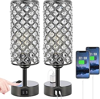 Hong-in Crystal Table Lamp Touch Control Set of 2, 3-Way Black Crystal Lamps with USB C+A Ports & AC Outlet, Dimmable Nightstand Desk Lamps,Modern Bedside Table Lamp for Bedroom(Bulbs Included)