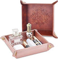 2 Pack Valet Tray, PU Leather Valet Tray Can Be Used As Key Bowl, Cologne Organizer for Men and Travel Jewelry Box, for Key Earphone Phone Coin Change Watches (8.6 * 8.6'' Brown + Pink)