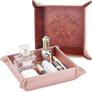2 Pack Valet Tray, PU Leather Valet Tray Can Be Used As Key Bowl, Cologne Organizer for Men and Travel Jewelry Box, for Key Earphone Phone Coin Change Watches (8.6 * 8.6'' Brown + Pink)
