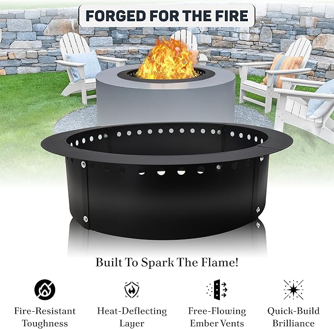 FEBTECH Smokeless Fire Ring 36" - Carbon Steel Outdoor Fire Ring with Heat Resistant Coating - The Perfect Smokeless Fire Pit Insert for DIY Bonfires, Family Gatherings, and Outdoor Camping