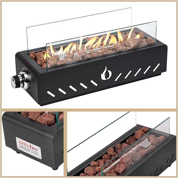 ONLYFIRE OUTDOOR LIVING 18" Tabletop Propane Gas Fire Pit Bottom-mounted for Table with Umbrella Hole, Portable Smokeless Firepit with Glass Wind Guard for Patio Backyard Camping RV Tailgating, #FP027