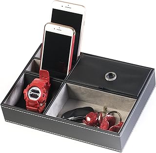 Huji Men's Black Leatherette Valet Jewelry Tray Display Showcase Insert Liner Organizer 5 Compartments Desk Car Home Dresser Keys Phone Wallet Coins