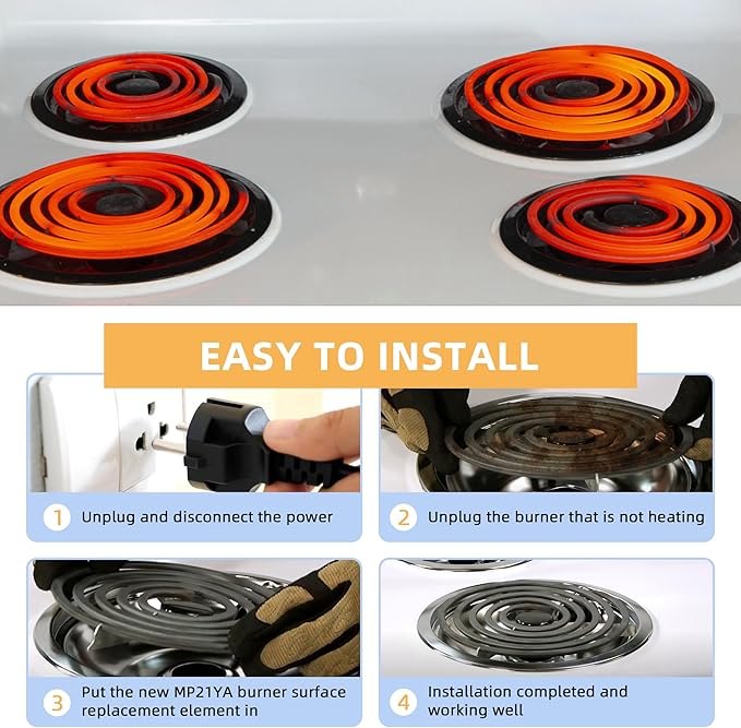 Upgraded MP22YA Electric Stove/Range Burner Element Unit Set 2 pcs MP15YA 6" and 2 pcs MP21YA 8" Stove Burners Replacement Fit for Whirl-pool,Ken-more,May-tag,Hard-wick Range/Stoves by AMI PARTS