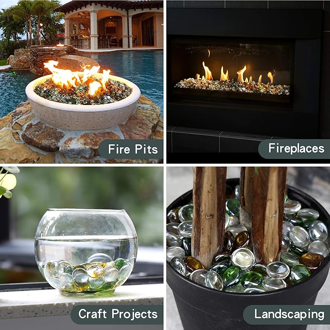 Mr. Fireglass 10 Pound Blended Fire Glass Beads, 1/2" High Luster Mixed Colored Fire Glass Drops for Fireplace Fire Pit & Lanscaping, Emerald Green, Crystal Ice, Caramel