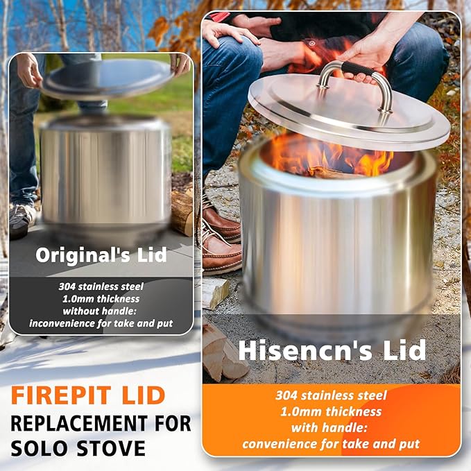 Hisencn Fire Pit Lid for Solo Stove Yukon, 27 Inch Portable Fire Pit Cover with Heat Resistant Handle, 304 Stainless Steel Camping Stove Accessories for Other Outdoor Low Smoke Stove Firepits