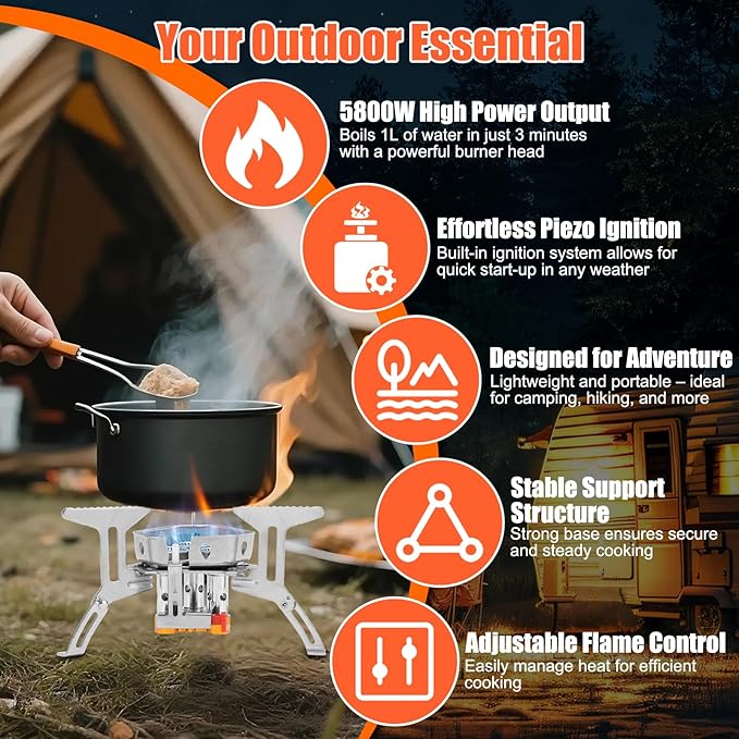 Windproof Camping Stove, Folding Stainless Steel Backpacking Cooking Picnic Stove with Aluminum Alloy, Compact and Portable for Outdoor Activities, Easy Setup with (5800W)