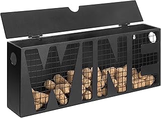 MyGift Wall Mounted Vintage Wood Open Top Cork Holder Box with Cutout WINE Display and Decorative Metal Wire Mesh Backing for Kitchen or Bar (Black)