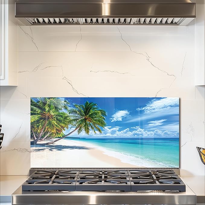 fzxwyishu Tempered Glass Backsplash for Kitchen,Stove Splashback Protector Beach Scenery Design | Heat-Resistant Splash Board, Kitchen Wall Decoration (Art Deco 2, 30"x14"(76.2x35.56cm))