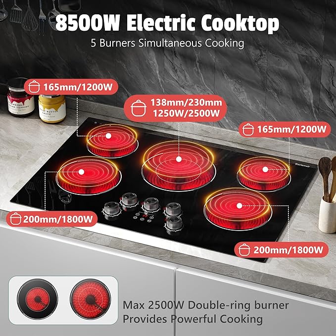 30 Inch Electric Cooktop Karienvir, 5 Burner Cooktop 8500W Built-in Electric Stove Top, Anti-slip Knob & Touch Control, Dual-Ring Burner, 30" Safety Lock, Timer, 220V Hardwired