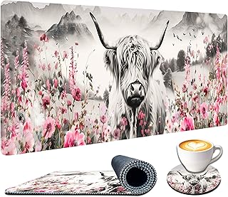 Highland Cow Mouse Pad, Extended Large Desk Pad with Stitched Edges 31.5 x 11.8 Mousepad Desk Mat for Desktop Decor and Accessories Workplace Home XXL Desk Pad for Gaming Office Big Mousepad