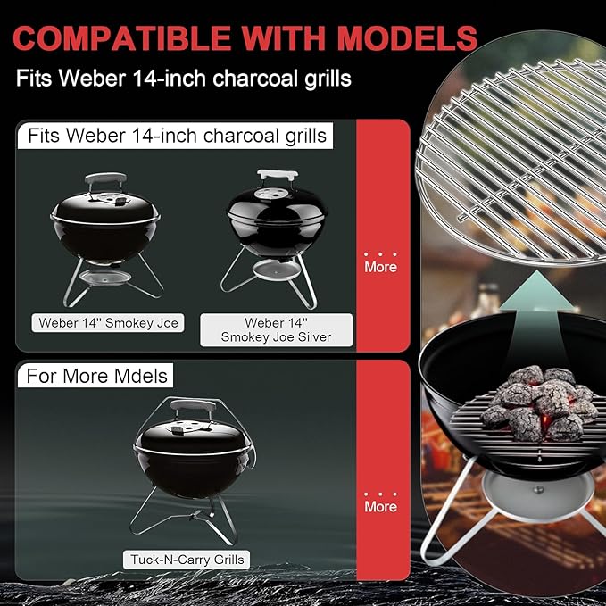 Round Cooking Grate & Charcoal Grate Kit for Weber 14 Inch Smokey Joe, Smokey Joe Gold/Silver and Tuck-N-Carry Grills, 304 Stainless Steel Grill Grates Replacement Parts for Weber 7431 7439