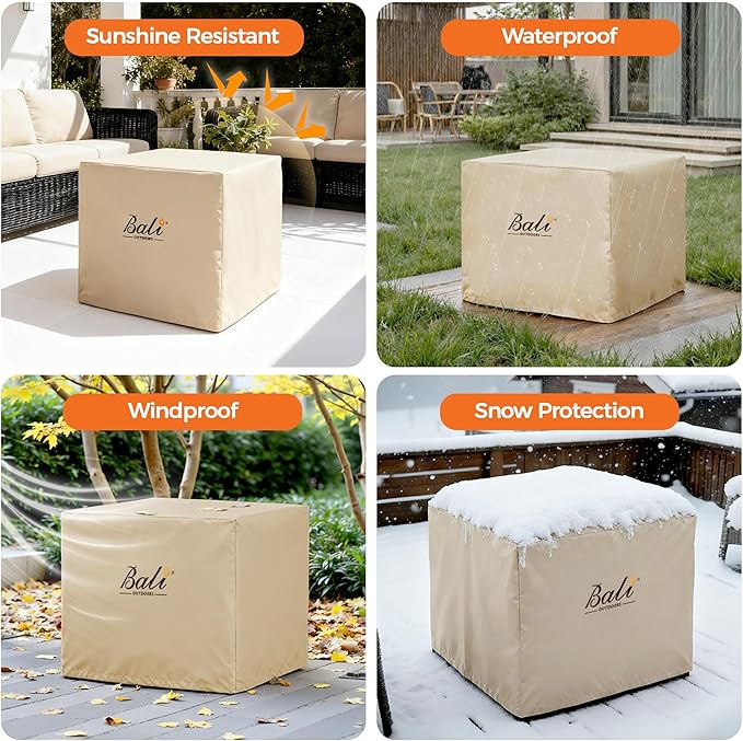 BALI OUTDOORS Square Durable Fire Pit Cover, 600D Heavy Duty with PVC Coating, Khaki, 28.3'' x 28.3'' x 25''