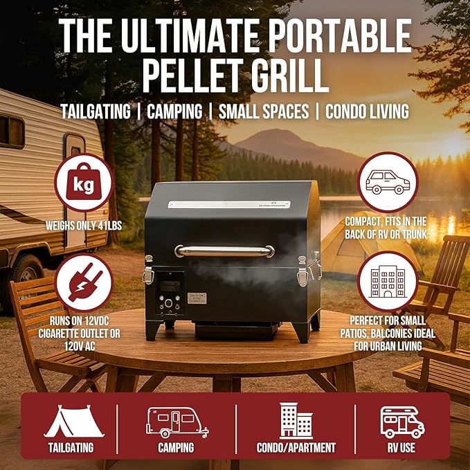 Portable Electric Smoker Grill by Freedom Stoves – 12V/120V Pellet BBQ for Camping, Tailgating & Backyard | Digital Control, Dual Probes, 8.5LB Hopper