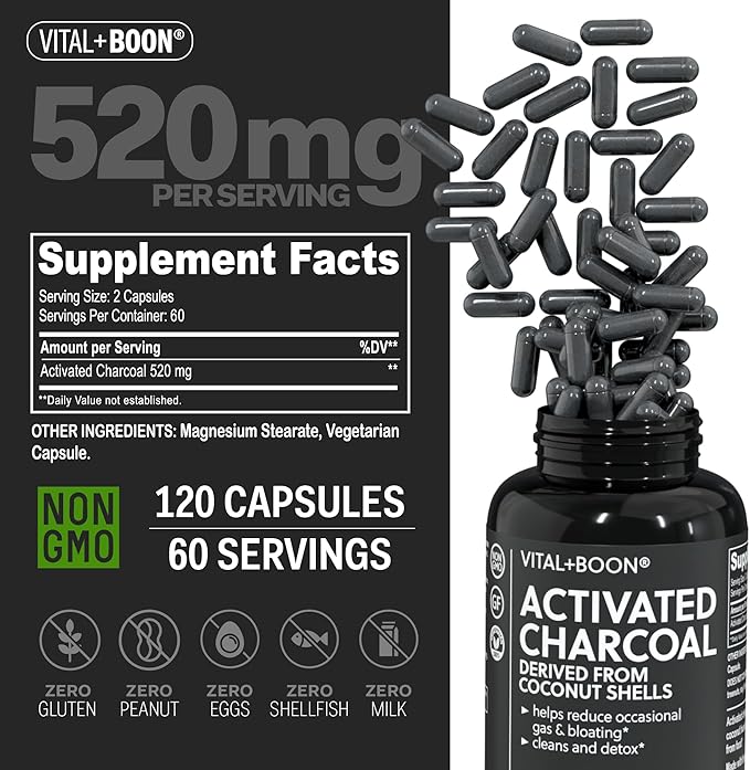Vital+Boon Activated Charcoal Pills – Derived from Coconut Shells – Black Charcoal Binder for Stomach, Gas & Bloating Relief – Gluten Free Vegetarian Active Carbon to Support Detox (120 Capsules)