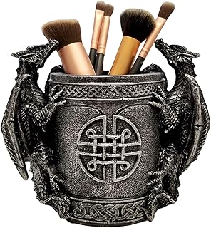 DWK - Literary Beasts - Twin Double Dragon Celtic Gothic Pen Pencil Desk Organizer Makeup Brush Holder Art Supply Caddy Home Office Accent Storage Accessory, Antique Silver Pewter, 6.5-inch