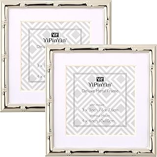 YiPinYin 4x4'' Silver Bamboo Metal Picture Frame with 3x3'' Mat Set of 2, 3x3'' Narrow Elegant Silver Plated Metal Picture Frame with Soft Touch Velvet Mat for Desktop