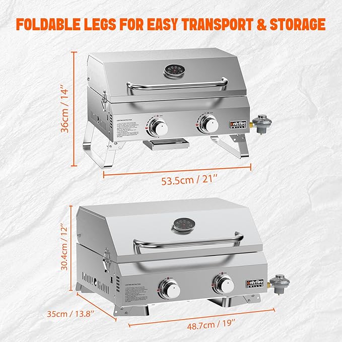 ONLYFIRE GRILLS Tabletop Gas Grill 2 Burners, 20" Portable Propane Grill with Foldable Legs for Outdoor Patio Backyard Camping Tailgating RV Trip Beach, Stainless Steel Gas Stove 16000BTU, GS322