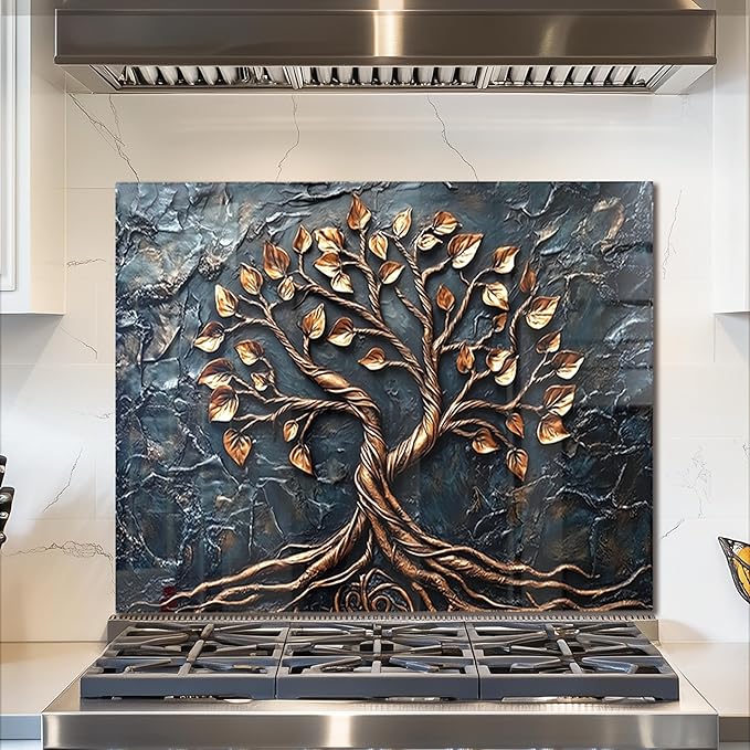 fzxwyishu Tree of Life,Tempered Glass Backsplash For Kitchen Behind Stove,Easy to Clean Kitchen Sink Cover Splash Guard, Home Kitchen Décor (grey, 30"x24"(76.2x60.96cm))