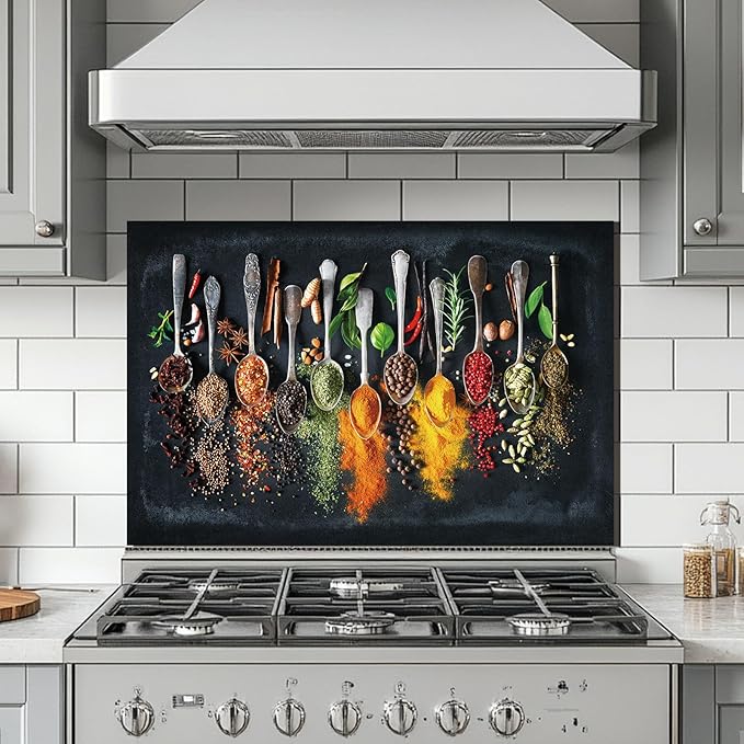 LMSDYSHU Spice，Tempered Glass Backsplash for Kitchen，Frameless, Stove Backsplash Protector for Wall,Easy to Clean, Home Decor(30"x24")