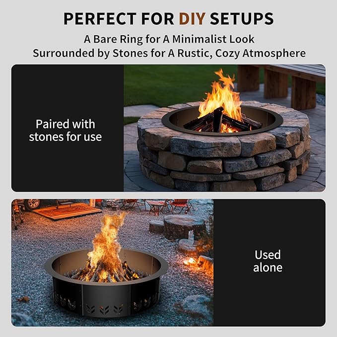 Outdoor Smokeless Fire Pit Ring Insert, Heavy Duty 30 Inch Inner|36 Inch Outer Diameter, Metal Round Fire Ring for Outside Wood Burning, Black