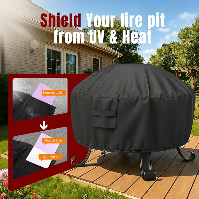 SHINESTAR Fire Pit Cover Round, Fits for 44-48 Inch Fire Pit Table, 600D Heavy Duty Fabric, Waterproof and Windproof, 48" D x 24" H, Black