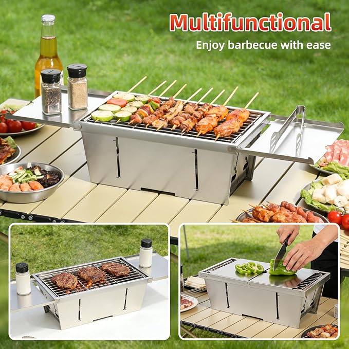 Portable Grill, Uten Stainless Steel Foldable Charcoal Grills with Condiment Plates, Carry Bag, Lightweight & Heat Resistant, for Camping, Tailgating, Beach BBQ (15.3" x 8.7")