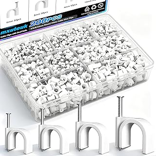 mxuteuk 200PCS Cable Clips with Steel Nails,4/6/8/10mm Round White Cable Wire Clips,Wall Clips for Cords,Cable Cord Clips for RG6 RG59 CAT6 RJ45