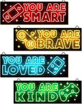 YLOLUL 4pcs Neon Game Art Prints, Wood Wall Art Decor for Boys Room, Gamer Decorations, Inspirational Quote Wall Decor, Modern Home Decor, 12 x 4 Inch, Red