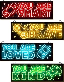 YLOLUL 4pcs Neon Game Art Prints, Wood Wall Art Decor for Boys Room, Gamer Decorations, Inspirational Quote Wall Decor, Modern Home Decor, 12 x 4 Inch, Red