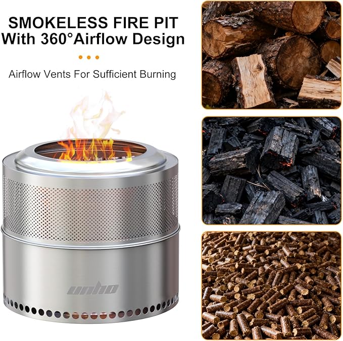 unho 20 Inch smokeless firepit for Outside Wood Burning Stove, Stainless Steel Outdoor Portable Fire Pit for Backyard, Patio, Garden, Picnic