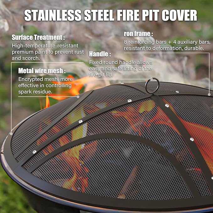 Fire Pit Spark Screen, 22 Inch Outdoor Fire Pit Screen with Handle & Poker, Heavy-Duty Steel Fire Pit Cover Round Mesh Replacement Firepit Screen for Backyard/Beach/RV Camping