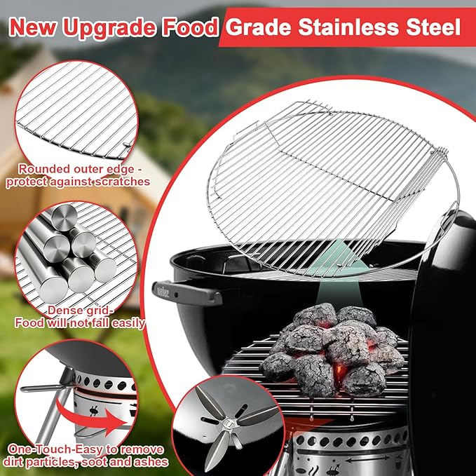 Round Replacement Grates for Weber 22'' Kettle Charcoal Grill,7436 Cooking Grate & 7441 Charcoal Grate for Weber One-Touch/Master-Touch/Performer Series Grill, with 7444 One-Touch Cleaning System Kit