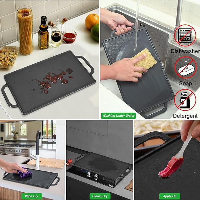 GasSaf Small Cast Iron Griddle 13x8.25 for Double Burner Stove Top, Double Sided Reversible Cooking Pan for Gas Grill Top Outdoor Camping, Gas Stovetop Grill Flat Griddle Pan Cast Iron Kitchen Cooking