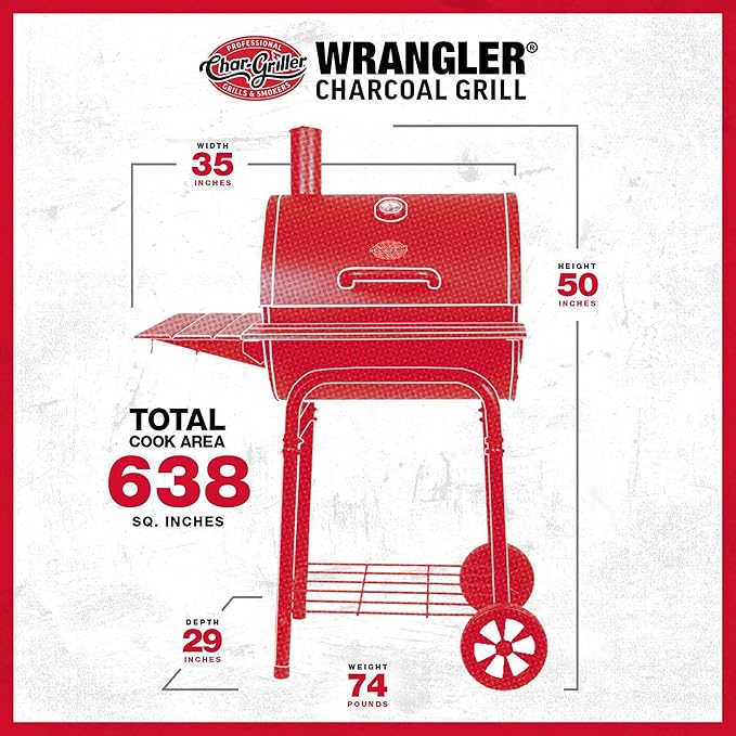 Char-Griller® Wrangler® Charcoal Grill in Black with Metal Shelves, EasyDump™ Ash Pan, Premium Wood Front and Side Shelves with Utensil Hooks, 640 Cooking Square Inches in Black, Model 2823