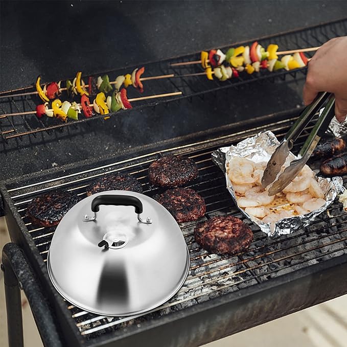 Leonyo Cheese Melting Dome Set of 2, Stainless Steel 12 Inch Round Steaming Basting Cover with Adjustable Vent, Professional Heavy Duty Melting Dome Lid Griddle Accessories for Teppanyaki Flat Top