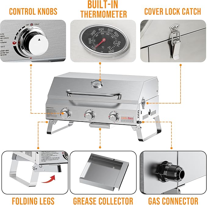 Tabletop Gas Grill 3 Burners, Portable Propane BBQ Grill with Foldable Legs & 22" Stainless Steel Grate for Outdoor Patio Backyard Barbecue, Camping Tailgating RV, 24000BTU High Output, Classic GS307