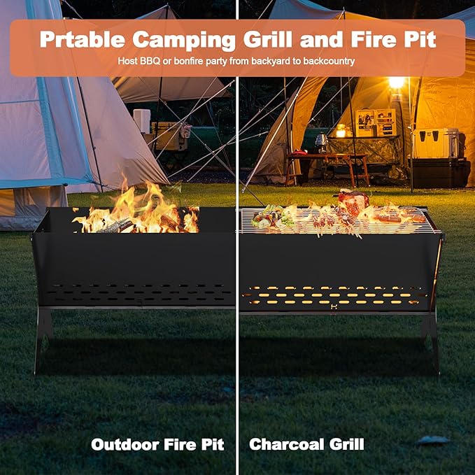 Camping Campfire Grill 2 Packs | Portable Folding Charcoal Grills, Backpacking & BBQ Grill, Heavy Duty Firepit Grate Grill with Carry Bag for Outdoor Cooking, Bonfire, Patio, Backyard-31 Inch