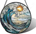 DASTOLL Stained Glass Window Hanging, Blue and White Waves Suncatcher Diamond Glass Panel Landscape Sun Catchers Decor for Birthday for Women, Men, Wife, Aunt, and Mom 7.8 in
