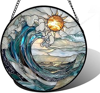 DASTOLL Stained Glass Window Hanging, Blue and White Waves Suncatcher Diamond Glass Panel Landscape Sun Catchers Decor for Birthday for Women, Men, Wife, Aunt, and Mom 7.8 in