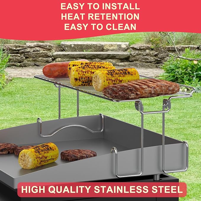 DcYourHome Griddle Warming Rack Compatible with 17" Blackstone Griddles, Portable and Adjustable Stainless Steel Rack for Blackstone Griddle Stand 17 Inch Accessories, One-Step Clip On Attachment