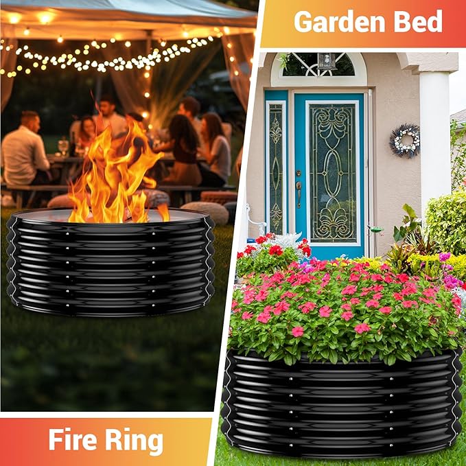 32 Inch Outdoor Fire Pit Ring, 17'' Tall Wood Burning Firepit & Fireplace for Outside, Heavy Duty Galvanized Steel Fire Pits Insert, High Heat Resistant Fire Bowl for Backyard Bonfire,Patio,Camping
